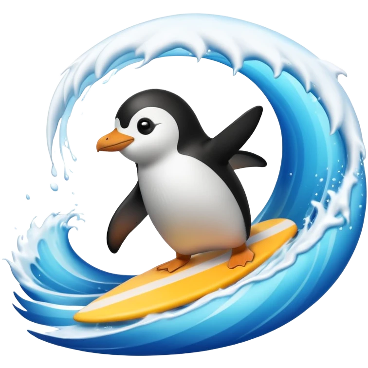 a penguin surfing with a wave splash emoji