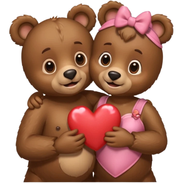 female bear with bow on her head and male bear hugging, couple, surrounded by hearts, playful and loving, cute, same height  emoji