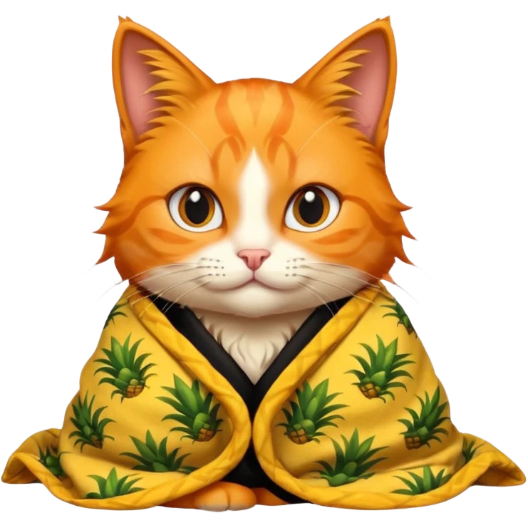 An orange female cat with a computer, with long eyelashes and black wavy hair,
She wears a blanket with pineapple patterns on her body emoji