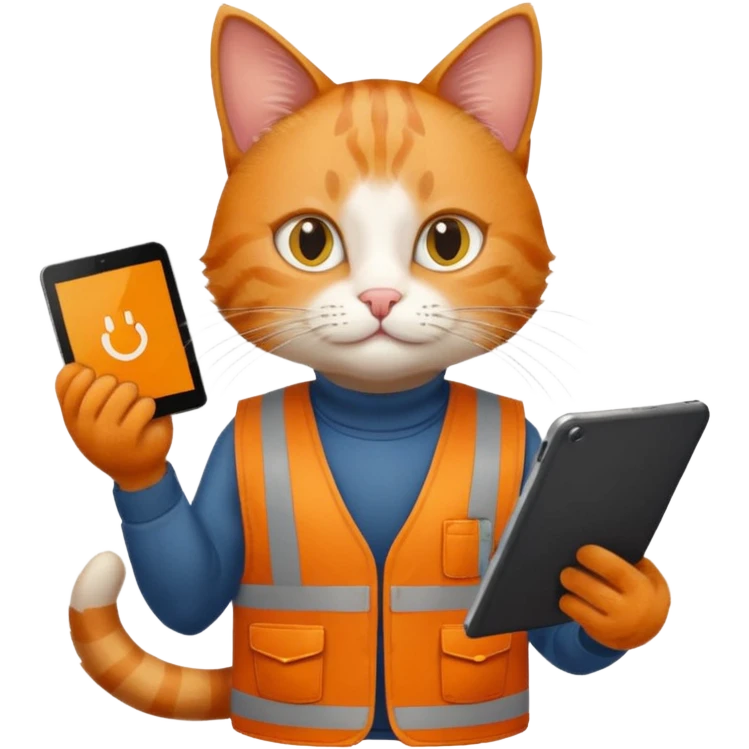 worker cat wearing orange west holding a tablet emoji