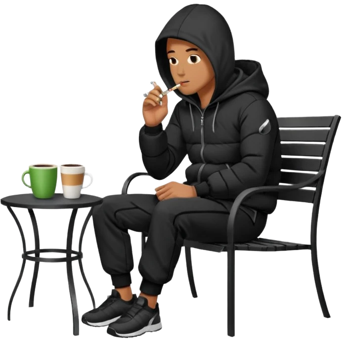 A man sitting on a chair, wearing a black puffed coat with hood and jogging pants, he is smoking a cigaret and drinks a coffee, he is freezing outsider, he is on a chair, the chair is an outside coffe terrasse black metal chair emoji
