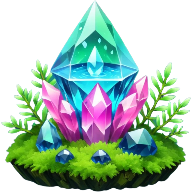 Crystal growing from moss with neon aura emoji