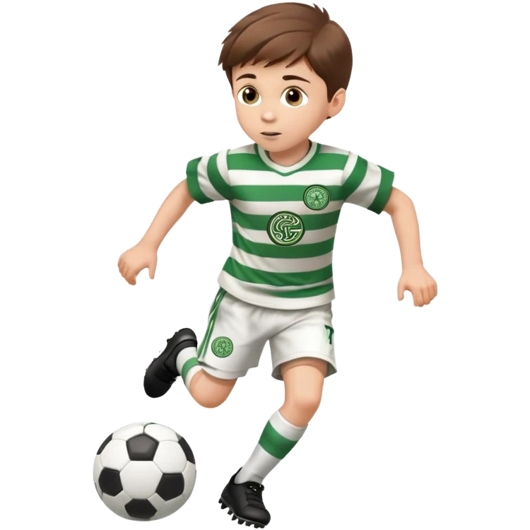 Celtic footballer jersey logo  6 years old brown hair white boy , brown eyes , stripes uniform , RUNNING  with soccer ball # 17 celtic football logo PUT ONLY ONE LOGO emoji