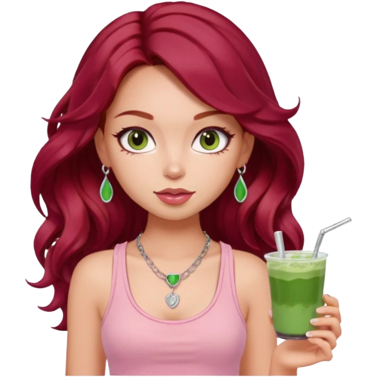 a pretty fair bratz girl with wavy dark red hair, wearing a pink tank top . silver dainty layered necklaces, carrying a matcha emoji