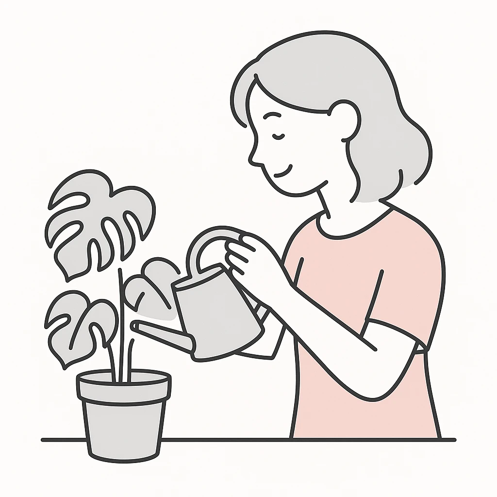 woman watering her monstera plant emoji