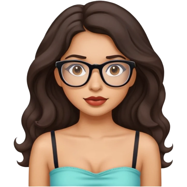 Latina girl with long wavy hair slim face and glasses with big lipswearing a tube top emoji