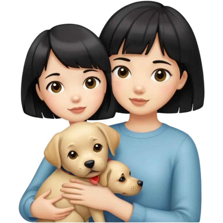 A girl with short black hair and bangs holding a Labrador emoji