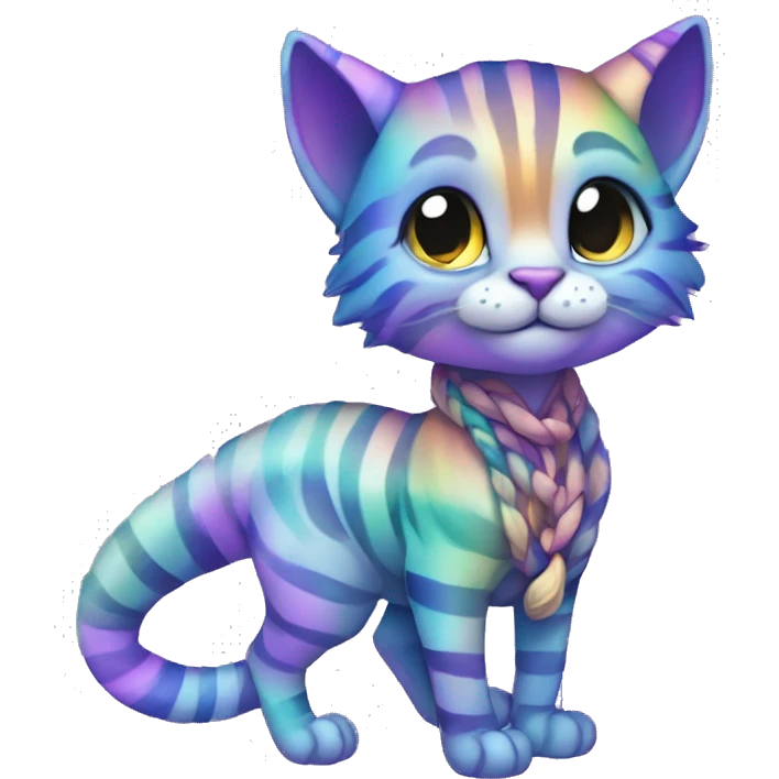 Colorful vernid fantasy creature LiLaiRa Kamirah Falvie whiskers paws full body sparkle purple blue gradient stripes braided tail feline emoji