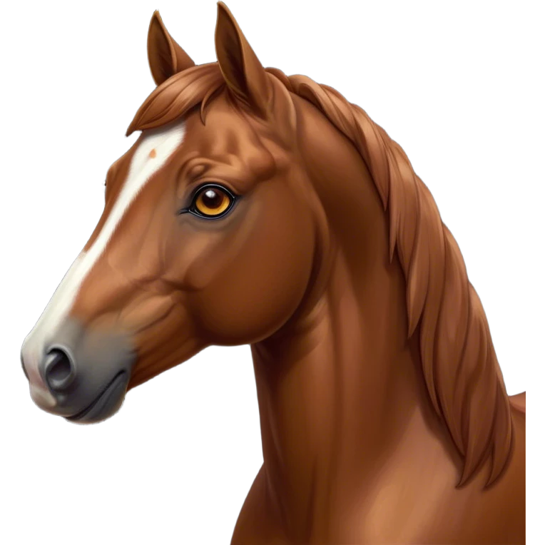 Cinematic Noble Chestnut Horse Portrait Emoji, Poised and regal, with a strong, athletic build and a lustrous, well-groomed chestnut fur, deep-set soulful amber eyes, Simplified yet sharp and sophisticated features, highly detailed, glowing with a warm, dignified glow, high shine, intelligent and majestic, stylized with an air of equine elegance, focused and attentive, soft glowing outline, capturing the essence of a watchful and confident steed, so majestic it feels as though it could gallop out of the screen with effortless authority! emoji