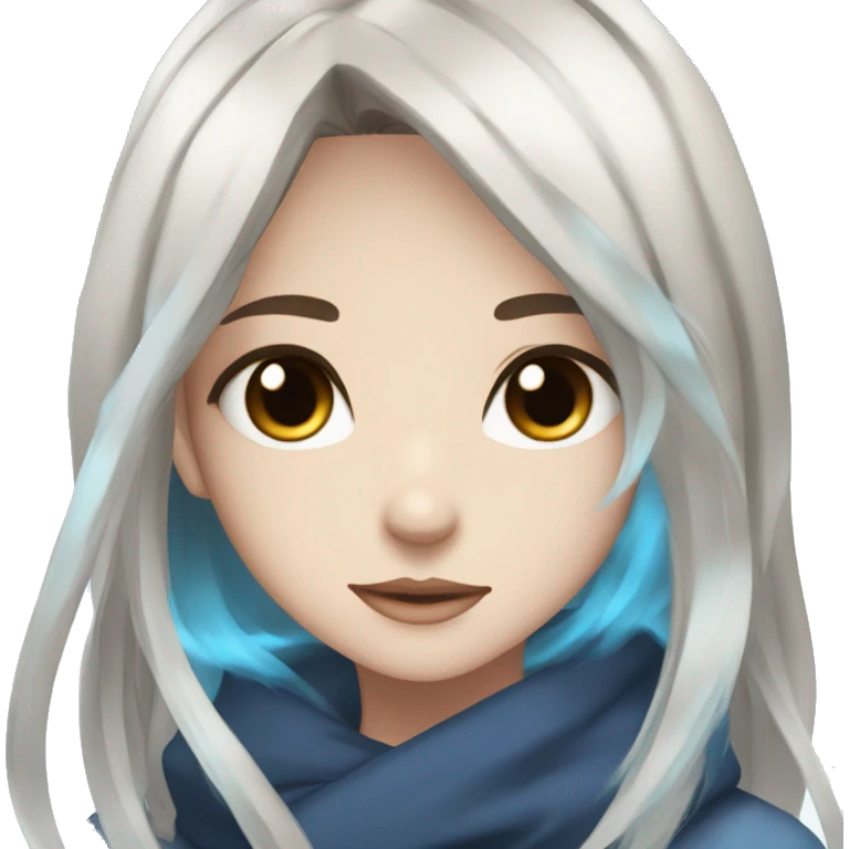 Beautiful anime girl with more white streaks in darker brown hair and blue eyes emoji