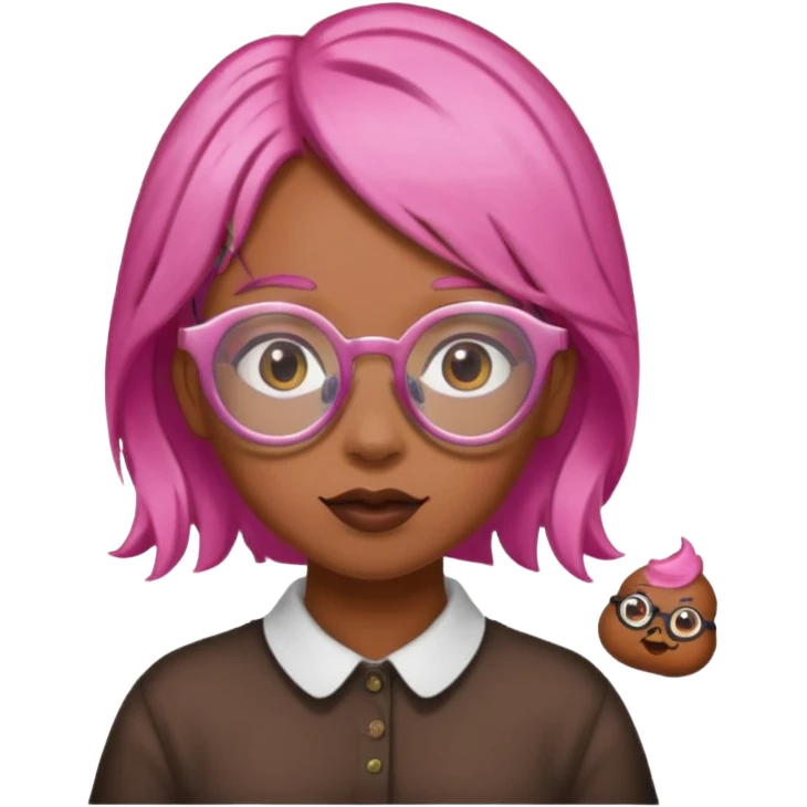 Chica con pelo rosa, gafas de forma de caca y una orquilla de caca emoji