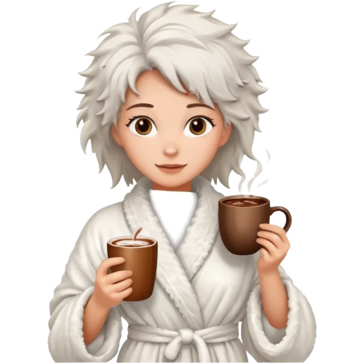 {
      "type": "human",
      "look": "fluffy robe woman, messy hair, holding cup of cocoa",
      "description": "a woman in a fluffy robe with messy hair, holding a cup of cocoa"
    } emoji