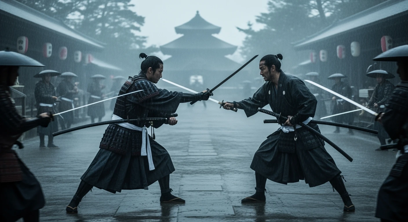 A cinematic scane from 1185, Motion blur, Wide shot of a two japan samurai face to face ready to fight during rain, deph composition, tense atmosphere, captured by by arri alexa, film directed by wes anderson emoji