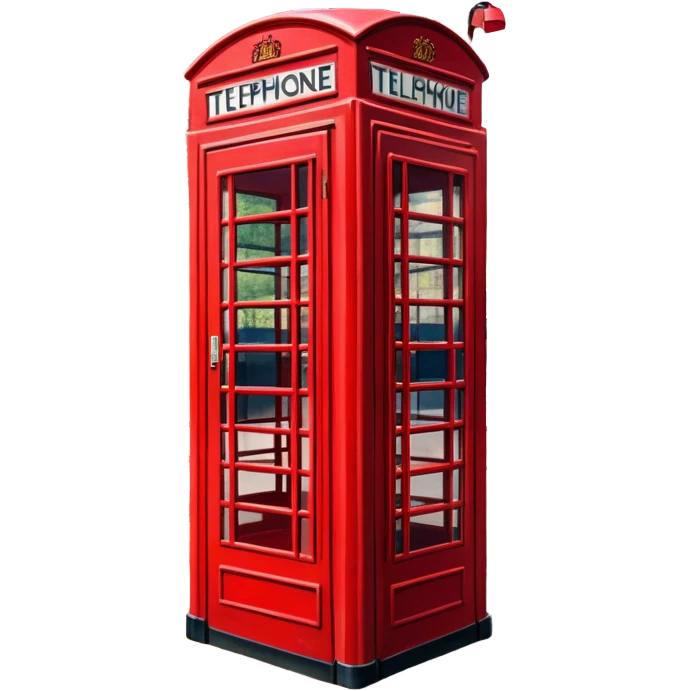 Cinematic Realistic depiction of an iconic red telephone box, rendered in vivid, saturated colors with detailed textures and reflective surfaces, set on a classic English street under soft, diffused daylight emoji