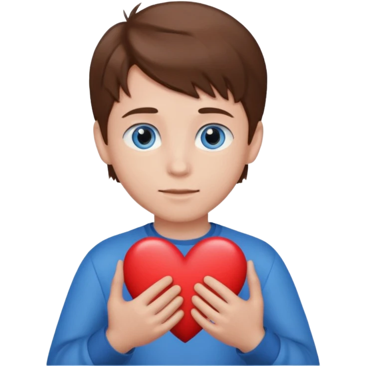 A boy with brown hair and blue eyes keeps a heart emoji