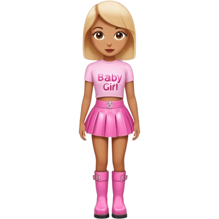 Mini latex skirt and boots and short top with pink inscription “Baby girl” emoji