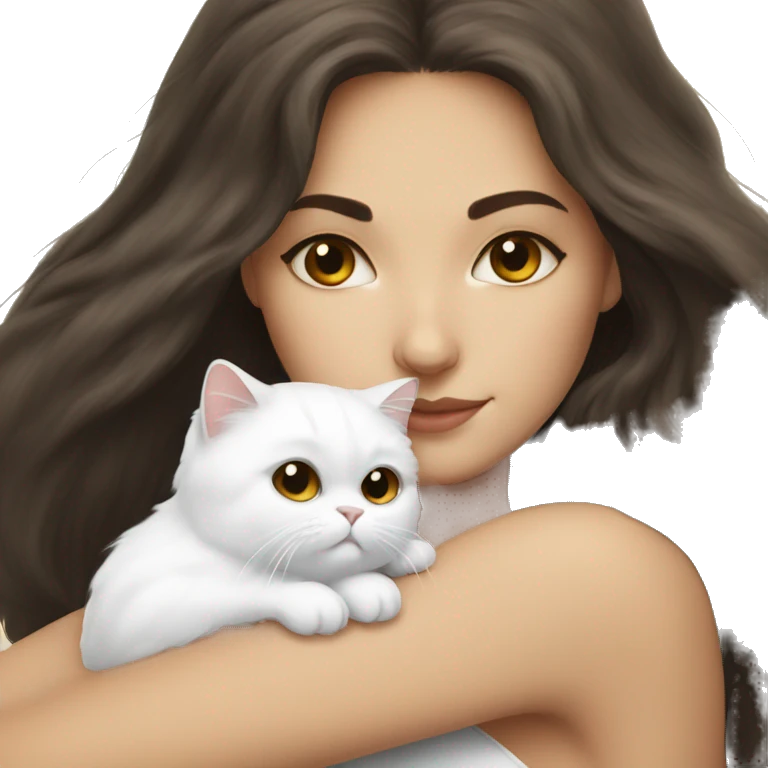Brunette woman snuggling white Persian cat emoji