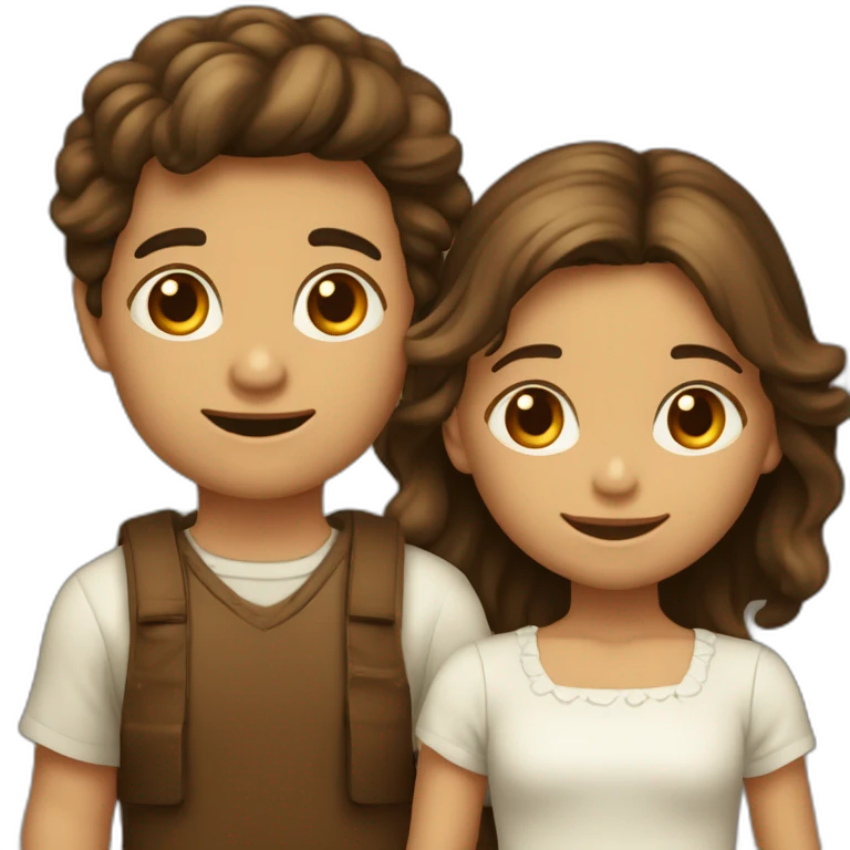 Gemelos Niño y niña de 8 años, niño pelo marrón claro y la niña pelo marrón oscuro rizado emoji
