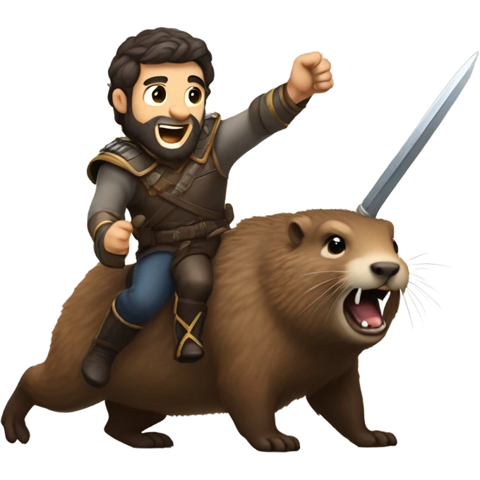 Confident armored White Man with dark brown hair and a short beard pointing forward with one arm holding a sword and yelling a battle charge while riding on the back of a giant groundhog emoji
