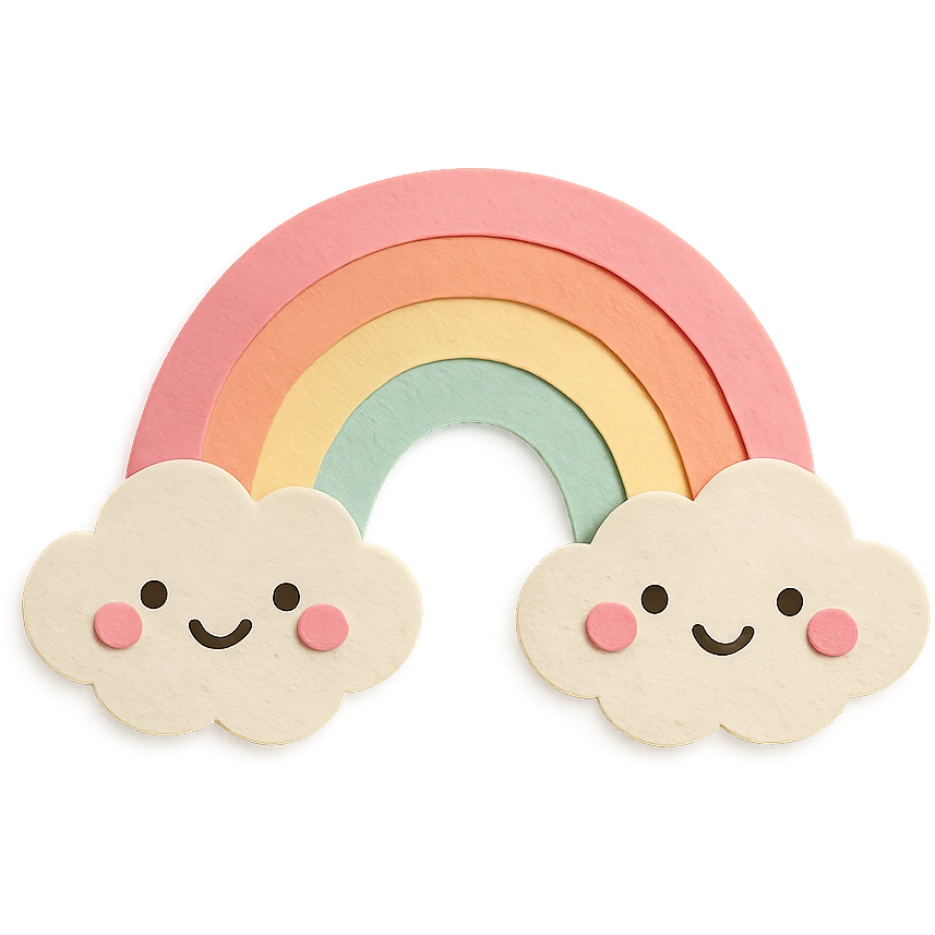 adorable pastel rainbow, stretching between two smiling clouds, no arms or legs, full body, kawaii paper craft style emoji