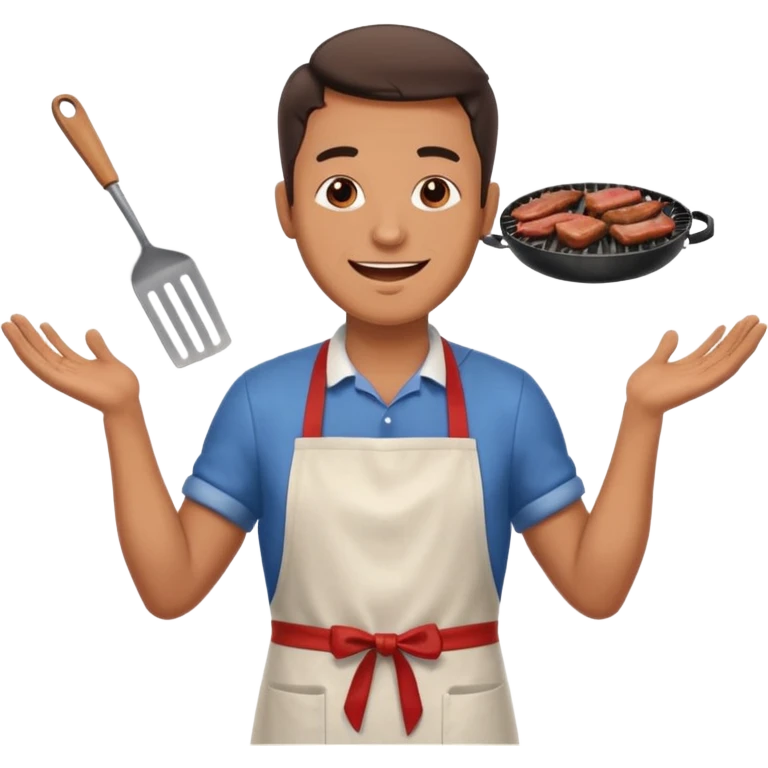 A cheerful man in an apron flipping meat on a sizzling grill with smoke puffing upward. emoji