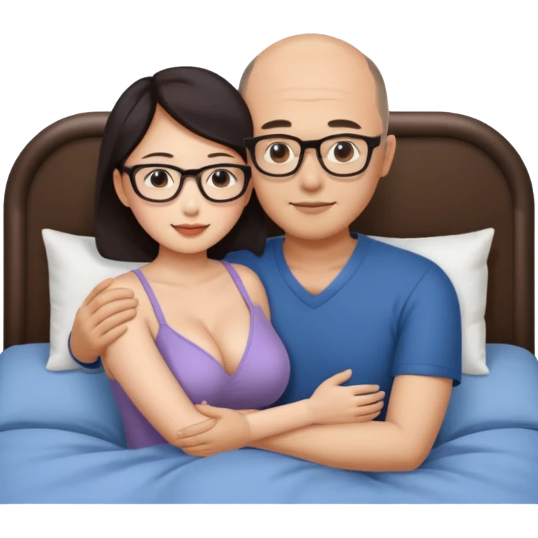 busty asian woman and slightly balding asian man in bed hugging.  man wears glasses. emoji