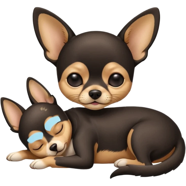 A high-resolution photo-realistic digital illustration of a cute  black with a bit of tan chihuahua with eyes closed shut sleeping lazily on the ground emoji