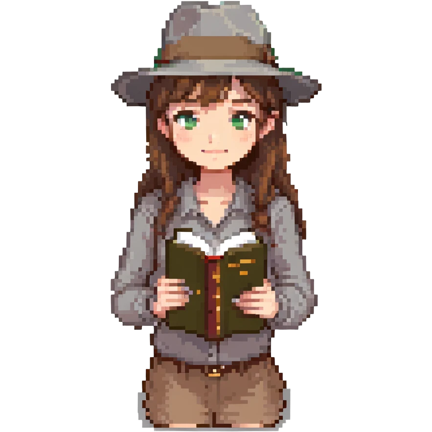 pixel art, girl with brown hair, grey fedora, holding a book emoji