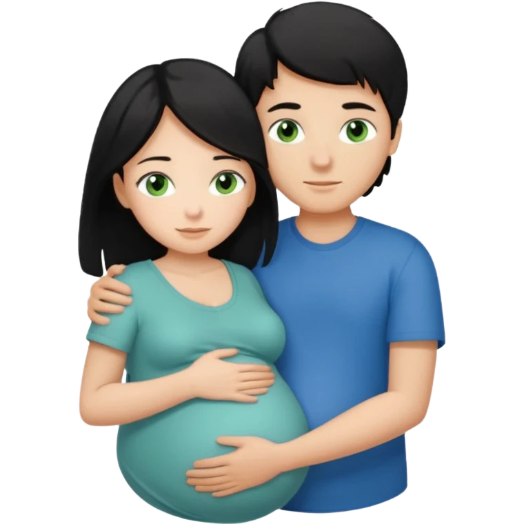 Make a couple hugging the girl is white with long black hair with blue eyes. The girl is hugging a boy with light brown short hair with green eyes. The boz is pregnant  emoji