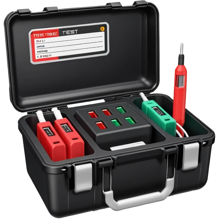 An open black hard-shell test case, inside: a power outlet, USB port, and colored test sockets. A large roll of white test labels lies next to the equipment, along with a red test probe. emoji