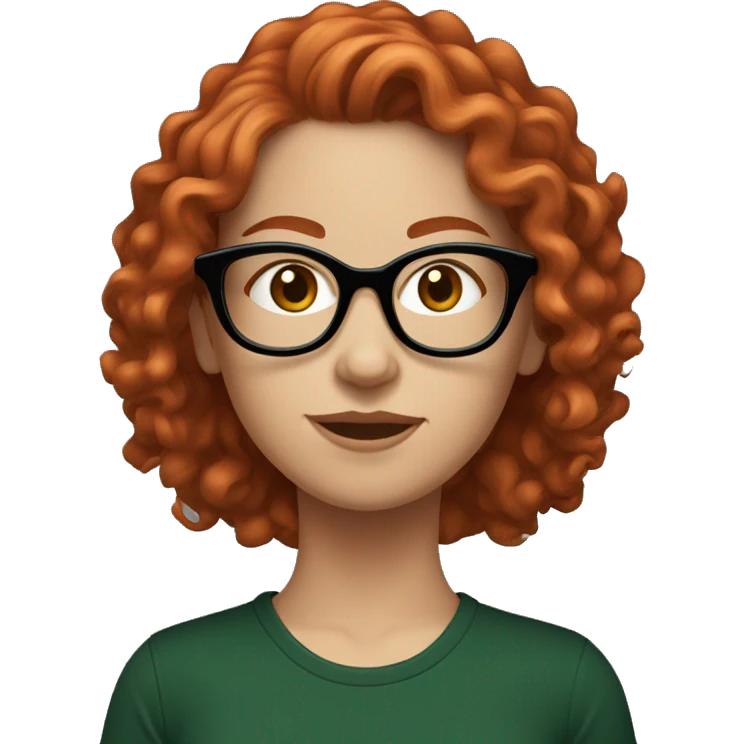 white girl in a black t-shirt with curly red hair, in dark green framed glasses  emoji