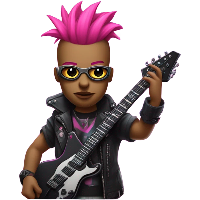 cyberpunk rockstar, pink mohawk, pink mechanical sci-fi electric guitar, close up view emoji