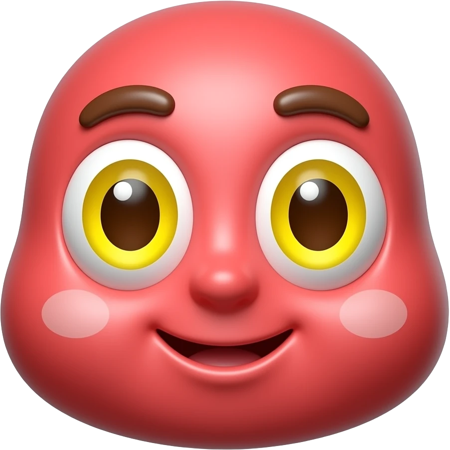 새빨간 얼굴의 하얀 홍조를 하고 있는. 노란 눈알  갈색 동공.   귀여운  카툰 만화 입체적 이모티콘 emoji