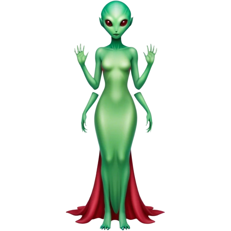 reptilian green alien woman, in( long slim pastel color:#FFFFFF formal party satin dress with gradient shiny sparkling dark red), full figure, full body emoji