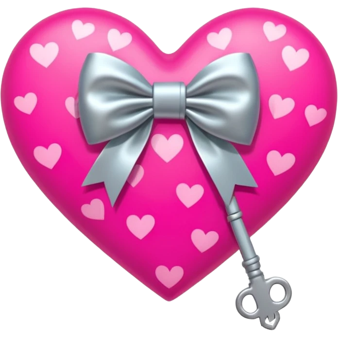 neon heart with a silver bow with heart pattern on the bow and a key emoji
