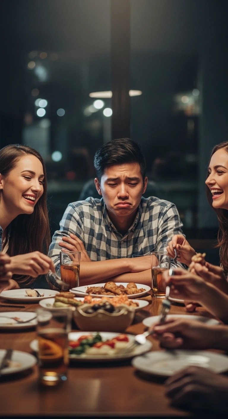 GRUPPO DI AMICI A TAVOLA FELICI MENTRE MANGIANO, MENTRE UNA PERSONA CHE è CON LORO NON SI STA DIVERTENDO, NON MANGIA E HA UN'ESPRESSIONE TRISTE, ESPRESSIONE DI DOLORE IN VOLTO, iperrealistico 4k emoji