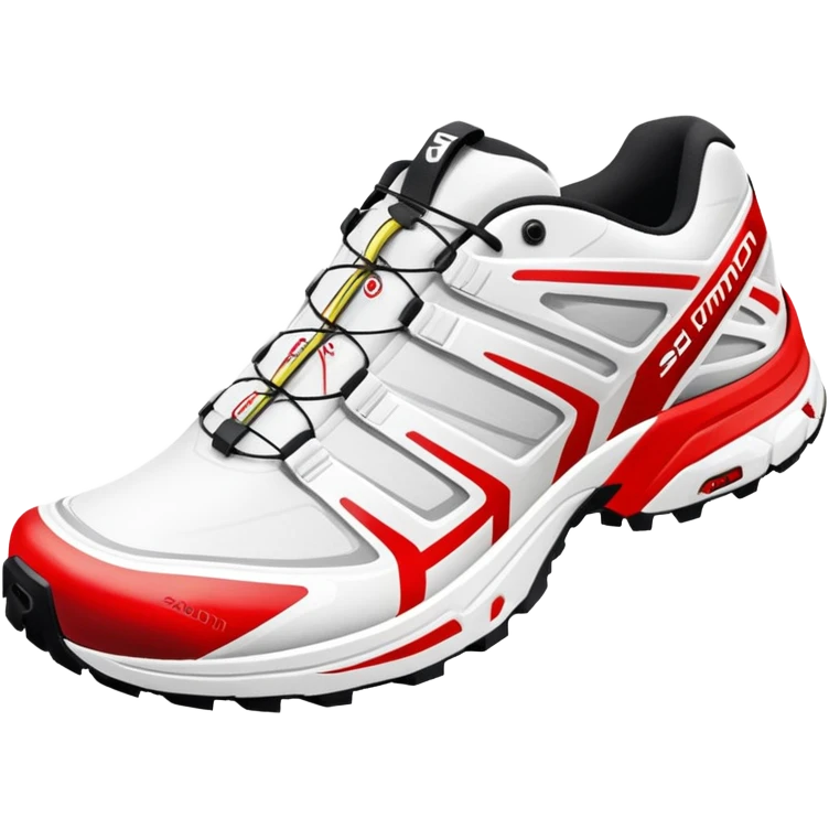 Ultra simplified white Salomon XT-6 shoes with just a red colored line across the middle, one behind the other, completely white design except for the colored center line emoji