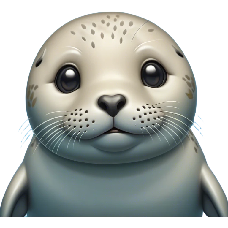 Cinematic Cute harbour seal Portrait Emoji, Head tilted playfully and inquisitively, featuring a charming, plump form with a sleek, shiny body and round, sparkling eyes full of gentle wonder, accented by a subtly contoured head, Simplified yet irresistibly adorable features, highly detailed, glowing with a warm, friendly oceanic glow, high shine, affectionate and lively, stylized with a touch of whimsical seaside charm, soft glowing outline, capturing the essence of a mischievous yet loving harbour seal that seems as if it could pop out of the screen into your arms! emoji