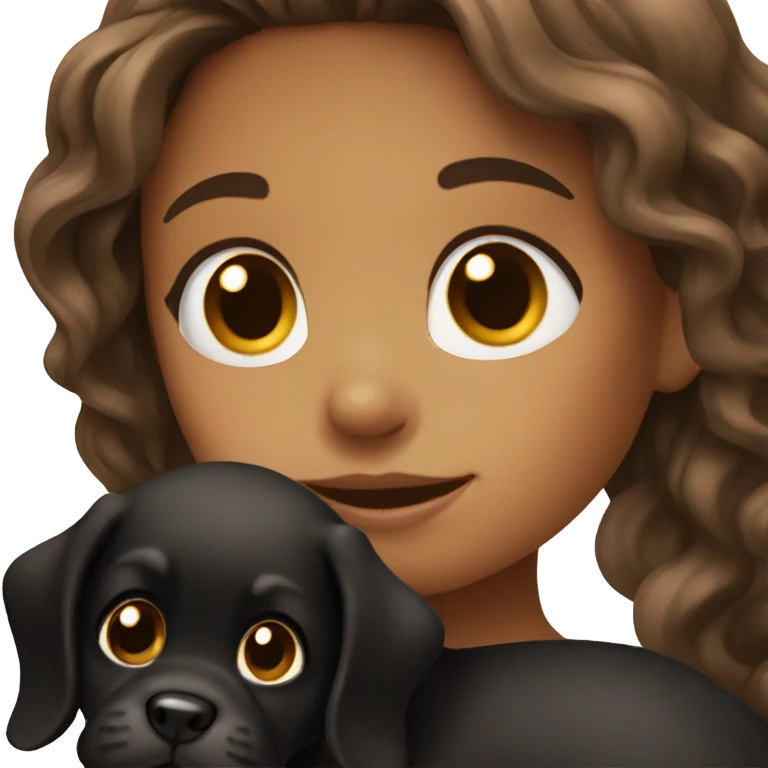 Girl with long wavy brown hair holding black puppy emoji