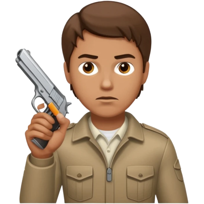 White guy with brown hair holding a hand gun like a cop would emoji