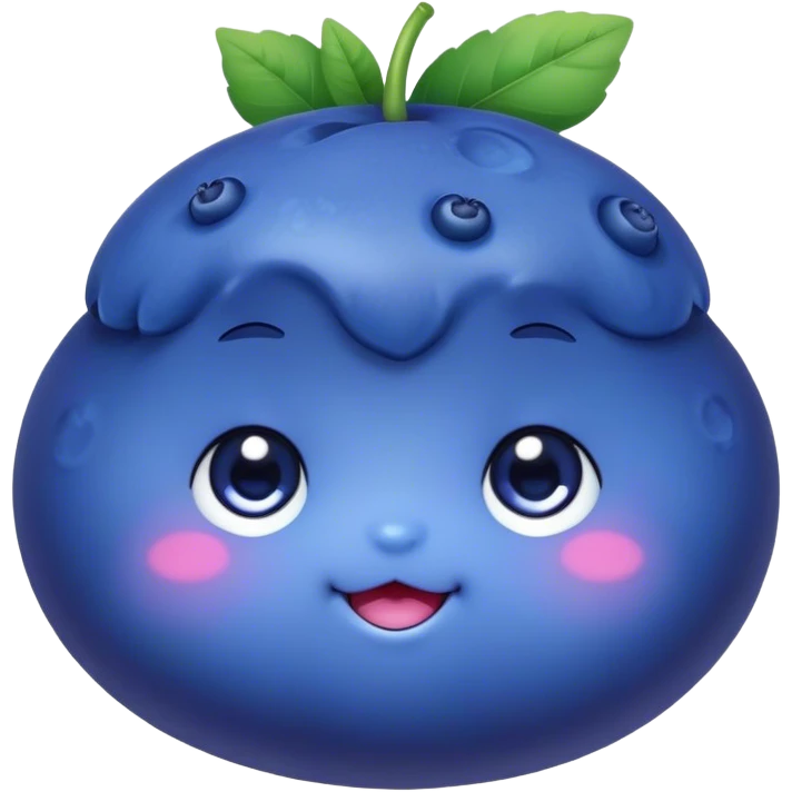 Cute Kawaii Blueberry, small and chubby, deep blue-purple with a tiny leafy crown, bright sparkling eyes, a soft round body, cute blushing cheeks, full of berry sweetness! emoji