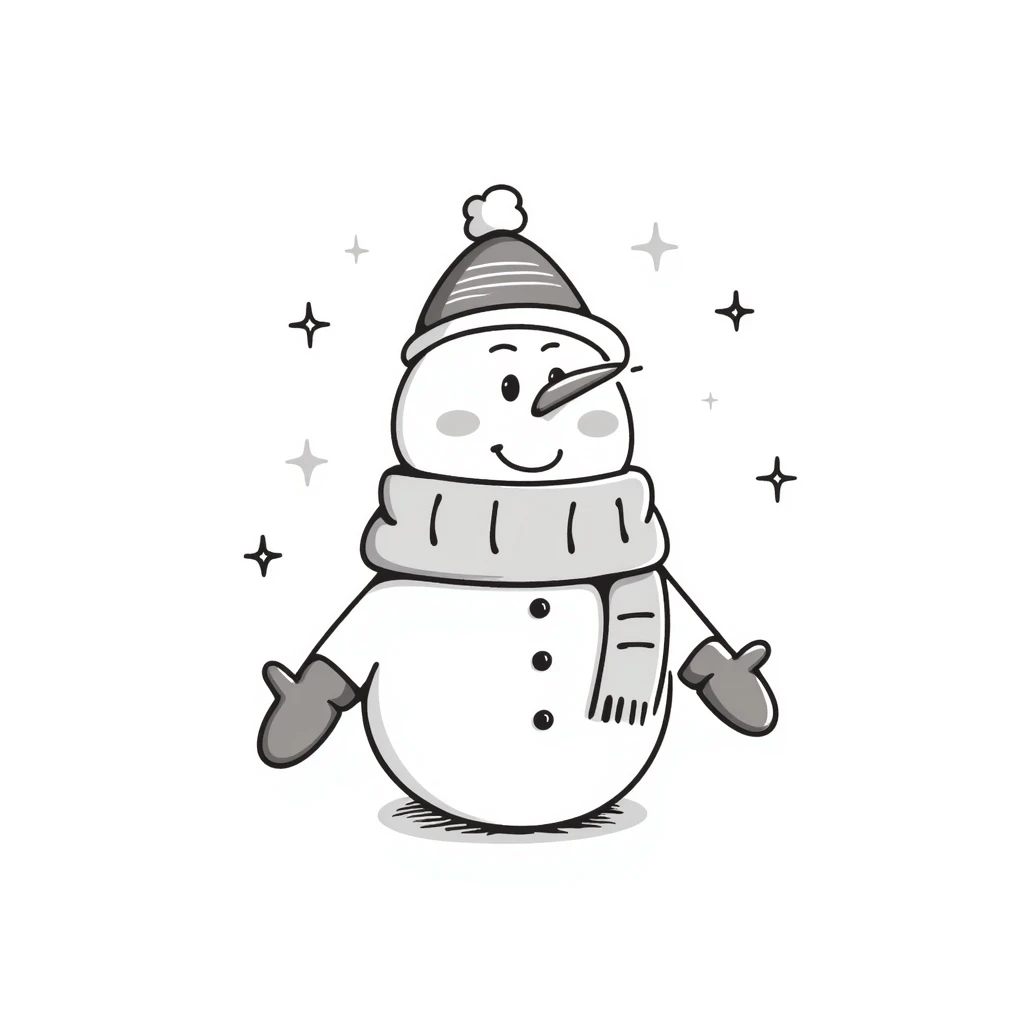 A cute snowman with scarf and winter accessories in pastel colors (dd9fb0, ffc6d3, a3bfc9, c4bee2, f1b091), hand-drawn doodle style emoji
