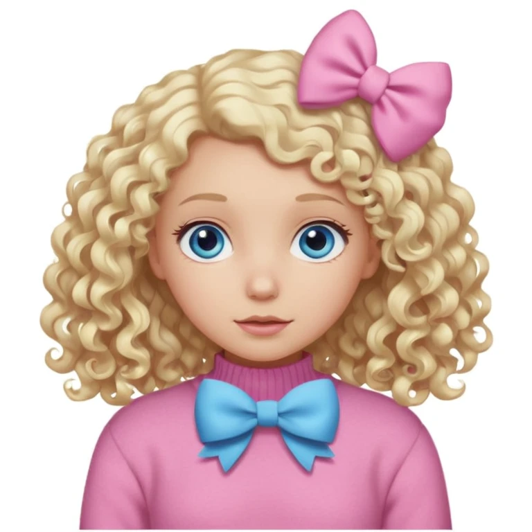 girl with blonde curly hair and blue eyes wearing a pink sweater and white hair bow emoji