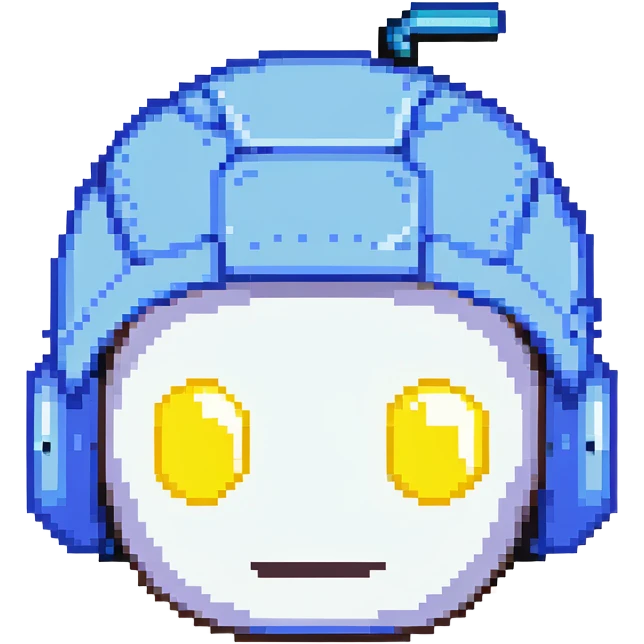 Blue bomberman head only, round helmet with antenna, white face with simple eyes, classic pixel art style emoji