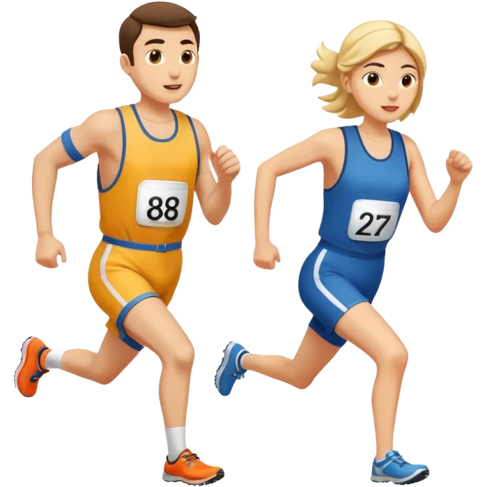 A man and a woman competing in a footrace, wearing bib numbers emoji