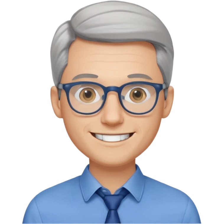 30 yr old pale white man, grey side swept hair, round glasses, big smile, white teeth, handsome, longer hair, thin glasses, blue dress shirt, no tie, stylish hair emoji