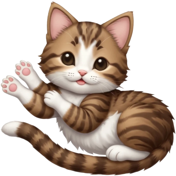 dark brown tabby and white kitten with his eyes closed whilst in funny positions stretched out and  upside down emoji