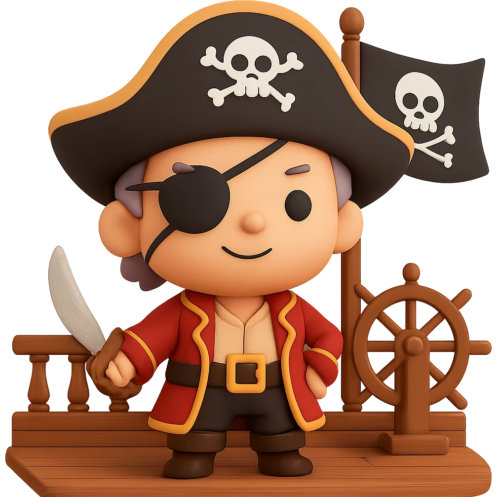 A cute chibi pirate captain with an eye patch and hat standing proudly on the deck of a pirate ship emoji