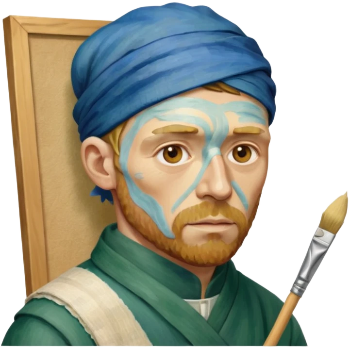 an gogh paints on a canvas. On his right ear he has a bandage emoji