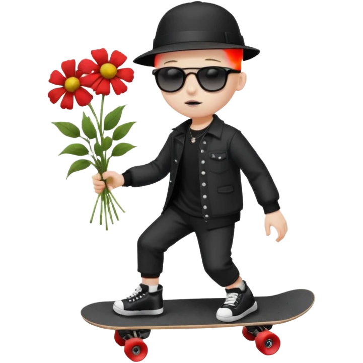 ["A sad boy with pale skin, bald, wearing a sunhat and sunglasses, dressed in goth fashion, is skateboarding while holding a flower bouquet."] emoji